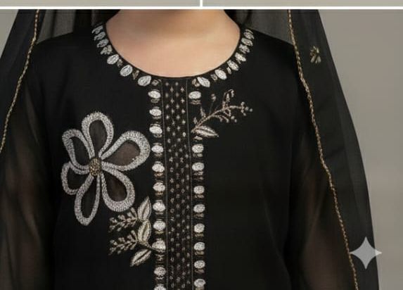 Women Black Embroidered Georgette Suit Set with Dupatta