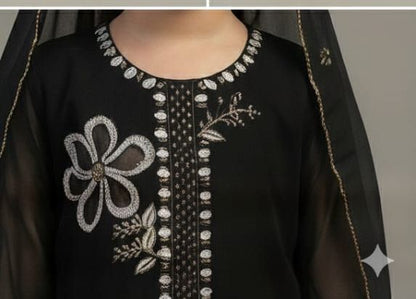 Women Black Embroidered Georgette Suit Set with Dupatta