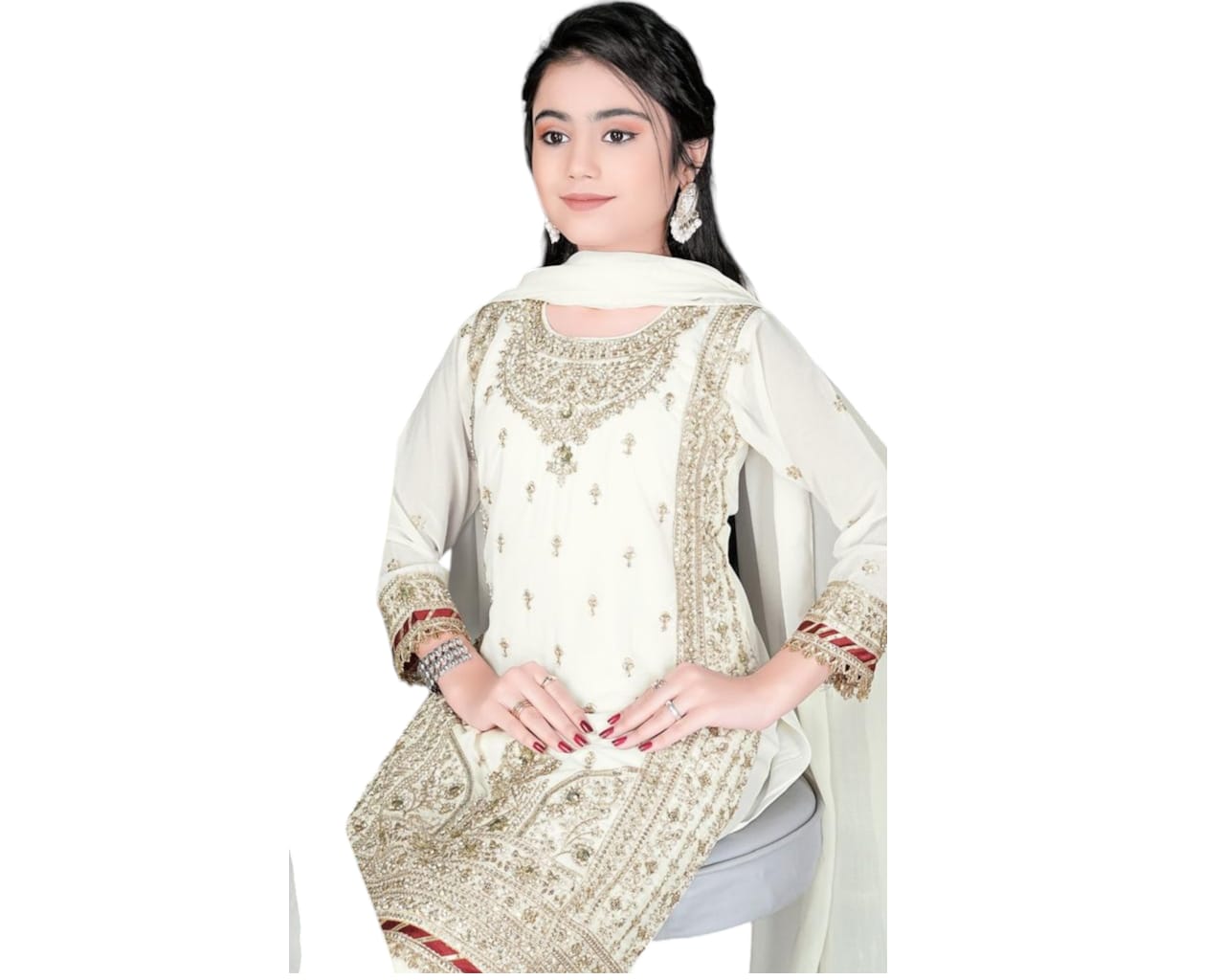 Exquisite Ivory & Gold Georgette Festive Suit for Girls